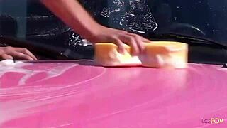 kinky lesbians get horny washing pink pickup then strap on fuck 😈🔥