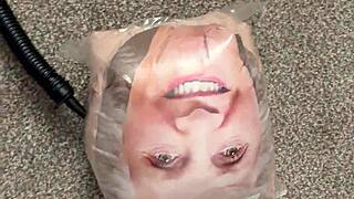 Inflating a granny blow up doll