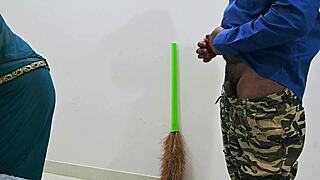 Jerking dick in front of maid and getting handjob