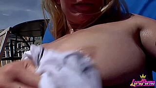 Natasha nice rides thick cock on oiled shaved pussy countertop for facial