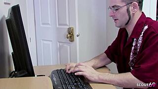 Crazy blonde bitch seduces tiny nerd for cheating fuck