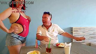 naked waitress has guest eat from her navel