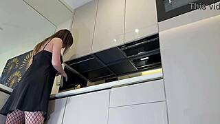 Hot sexy long legs brunette wife teases in kitchen