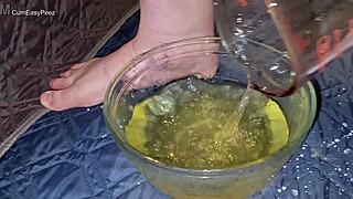she fills glass with piss then he cums huge